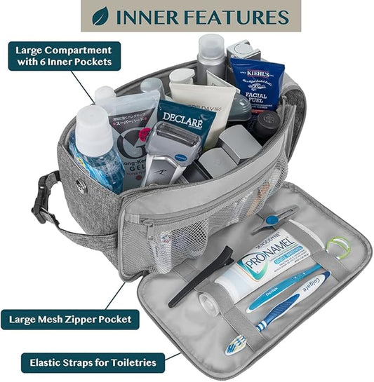 PAVILIA Toiletry Bag for Men, Travel Essentials Shaving Dopp Kit, Mens Travel Bag Toiletries Organizer Case for Grooming, PU Leather Water Resistant Cosmetic Bag Pouch (XL, Heather Grey)