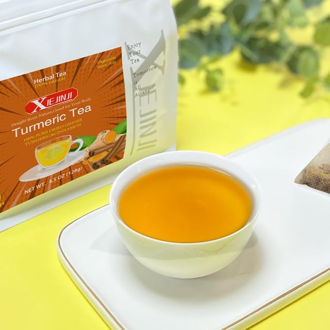 XIEJINJI Turmeric Ginger, 40 Teabags, 100% Natural Ingredients, Spicy & Smooth Flavor, Support Brain, Weight, Skin and Sleep, No Sugar, No Caffeine, No Additives, Eco-Conscious Tea Bags