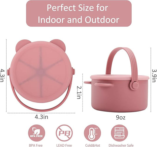 Snack Cups for Toddlers, Baby Snack Containers, Silicone Toddler Snack Cups No Spill, Food Catcher with Lid & Bucket-like Handle, BPA Free & Dishwasher Safe, 9 Ounce Rose