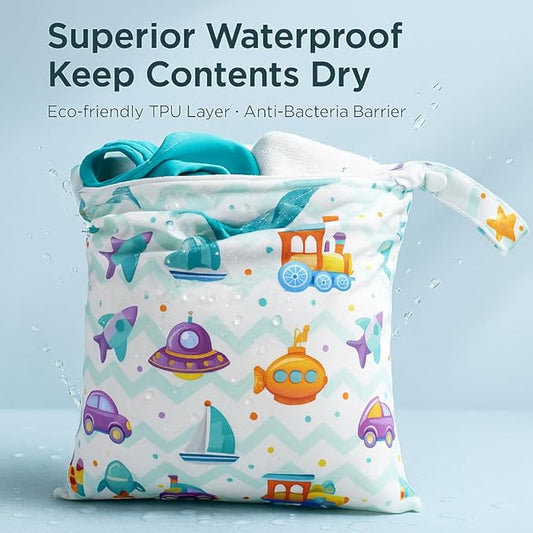 Waterproof Wet Dry Bag, Reusable Diaper Pouch with Zipper, Machine Washable Travel Organizer for Beach, Daycare, Kids, Dinosaur Pattern (Purple UFO)