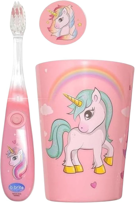 Lily's Home Kids Flashing Timer Toothbrush kids with Soft Bristles, Rising Cup & Cover - Fun 2-Min Light-Up Brushing for Children - Toddler Soft Toothbrush Kit (unicorn)