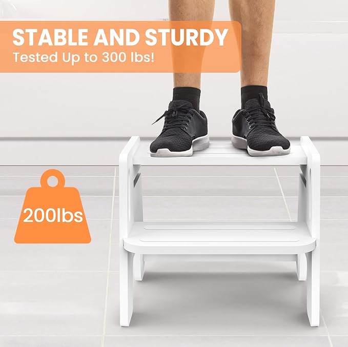 Toddler Step Stool, Wooden Height-Adjustable 2-Step Stool for Kids, Potty Training Stool with Handles for Bathroom Sink, Kitchen, Bedroom-White