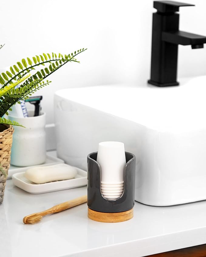 Ceramic Bathroom Cups Dispenser - 3 oz Disposable Paper & Plastic Bathroom Cups Holder - Mouthwash Cups Dispenser for Bathroom, Guest Toiletries, Countertop, Coffee - BPA Free (2 Pack)