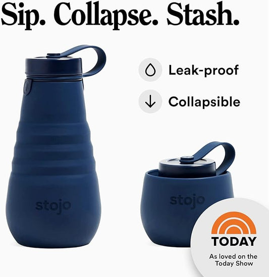 STOJO Collapsible Water Bottle – Denim Blue, 20oz / 592ml - Leak-Proof Reusable Silicone Travel Cup for Hot & Cold Drinks - Microwave & Dishwasher Safe