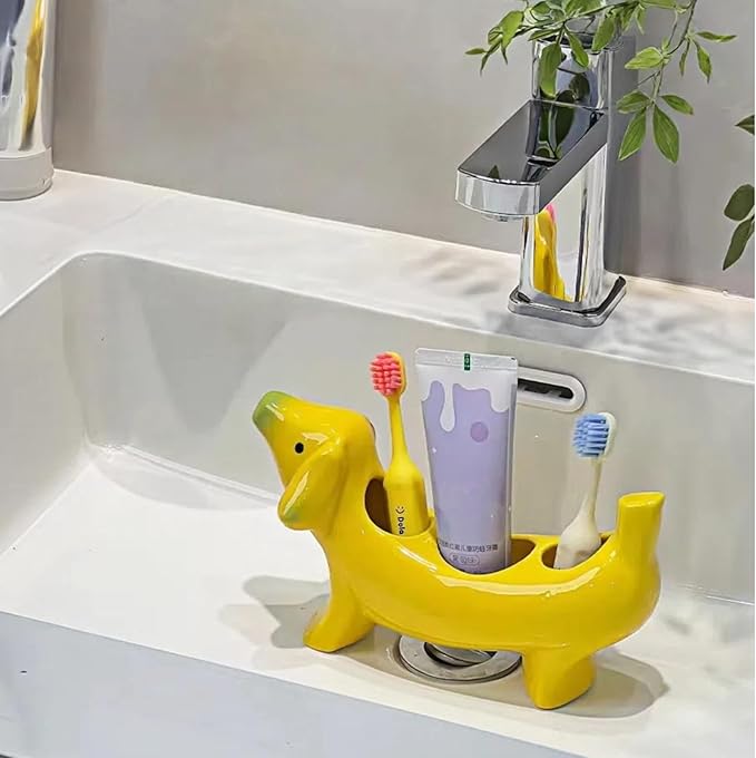 Creative Banana Dog Toothbrush Holder, Ceramic Bathroom Organizer with Toothbrush Stand, Whimsical Countertop Accessories for Bathroom, Novelty Home Decor
