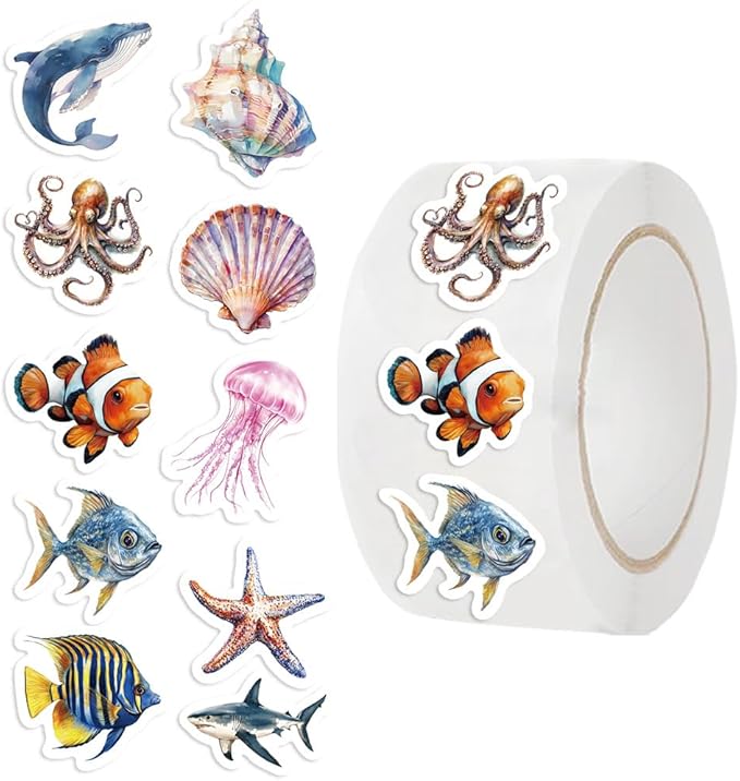 1000PCS Ocean Animal Stickers Roll for Kids, 2 Rolls, 10 Styles Cartoon Sea Creature Stickers, Whales, Octopus, Sharks, Jellyfish, Clownfish, Shells & Fish Decals for Classroom Rewards