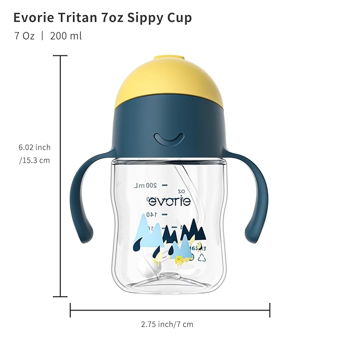 Evorie Tritan Weighted Straw Sippy Cup with Handles for Baby and Toddlers, Spill Proof Baby Water Bottle with Straw for 6 months and up, 7 Oz, Infant Training Water Bottle (Bumble bee)
