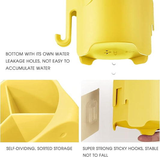 Kids Toothbrush Holder, Cute Elephant Toothbrush Holders for Toddler, Toothbrush Toothpaste Holder for Bathroom, Toothbrush Organizer with 3 Slots and a Hook, Yellow