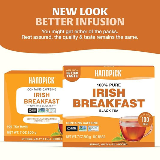 HANDPICK, Irish Breakfast Black Tea Bags (100 Count) Gluten-Free, Non-GMO | Strong, Robust & Bold Flavor | Round Eco-Conscious Tea Bags