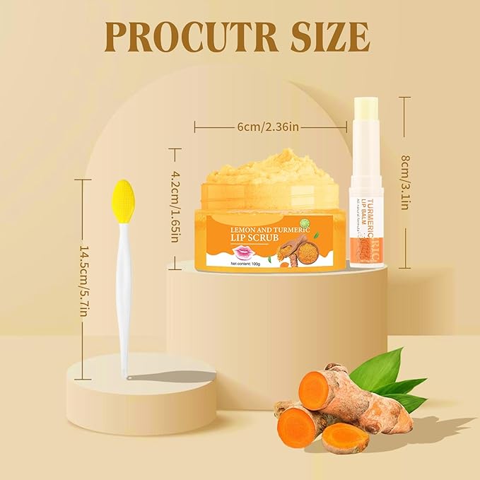 3PCS Turmeric Lip scrub 100g and Turmeric Lip Balm, Lip Scrubber Exfoliator Brush Set, Dark Lips Treatment for Smokers, Natural Exfoliator & Moisturizer Cracked, Dull, Reduce Fine Lines Lips