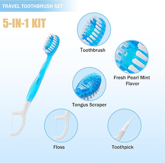 40 Individually Packaged Disposable Travel toothbrushes with Toothpaste, 5-in-1 Convenient Mini Disposable Toothbrush (Toothbrush + Toothpaste + Tongue Scraper + Dental Floss + Pick)
