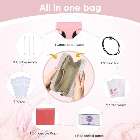 First Period Kit for Girls 9-12,Thoughtful First Period Gift,Tween Period Starter Kit with Spare Underwear, Wipes,Period Knowledge Cards and More. (Milk apricot white)