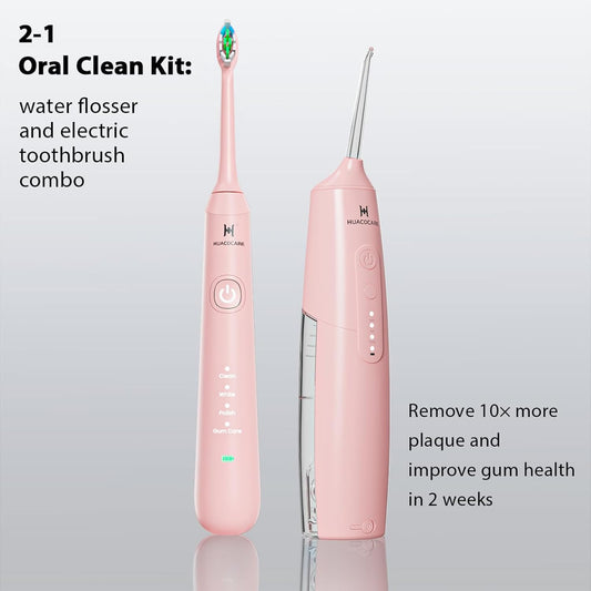 2-1 Oral Clean Kit- Water Dental flosser & Electric Toothbrush Combo- Brushing & Flossing- for Teeth Cleaning and Gum Health (Pink)