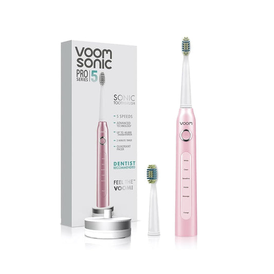 Voom Sonic Pro 5 Series Rechargeable Electronic Toothbrush + Pro 3/Pro 6-Replacement Heads - 2 Minute Timer with Quadrant Pacing, 5 Adjustable Speeds, Soft Dupont Nylon Bristles, Pink