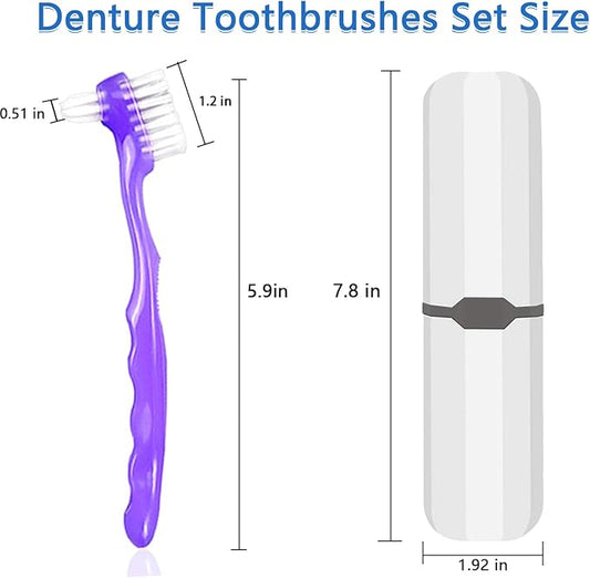 2-Piece Denture Cleaning Brush Set - Multi-Layered Bristles False Toothbrush with Ergonomic Handle and White Carrying Case for Fake Teeth Cleaning, Travel-Sized Oral Care Tool (Green&Purple, One Size)
