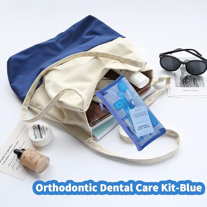 Braces Cleaning Kit for Teeth, Portable Orthodontic Toothbrush Kit Oral Care Dental Travel Kit - Interdental Brush Dental Wax Dental Floss Toothbrush Box (Blue)