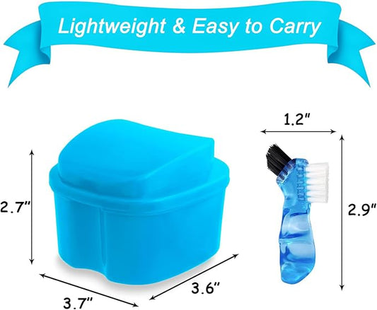 Keedolla Denture Cup Orthodontic Retainer Case, Denture Bath Box Dental Mouthguard Case Cleaning with Brush, Strainer Basket and Lid Waterproof - Blue
