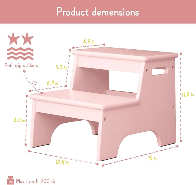 Forbena Pink Girls Toddler Step Stool for Bathroom Sink, Princess Toddler Two Step Stool for Toilet Potty Training, Baby Child Kids Stepping Stool with Handles for Bedroom Classroom Kitchen (Pink)
