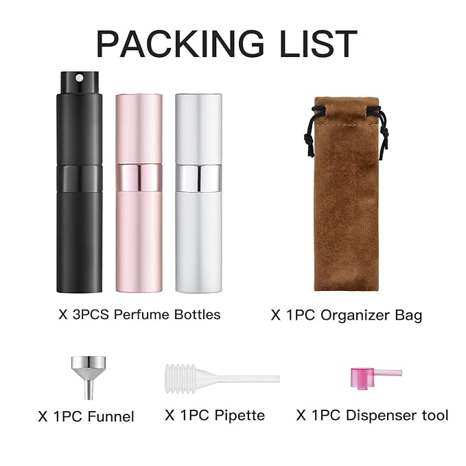 LISAPACK 8ML Atomizer Perfume Spray Bottle for Travel (3 PCS) Empty Cologne Dispenser, Portable Sprayer for Men and Women (Black, Silver, Pink)