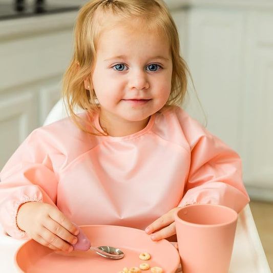 Tiny Twinkle Long Sleeve Bib for Babies & Toddlers – 2 Pack Waterproof Smock Bibs for Eating – Machine Washable & Mess-Proof, Baby Feeding Essential & Shower Must-Have (Peach Terracotta,6–24M)