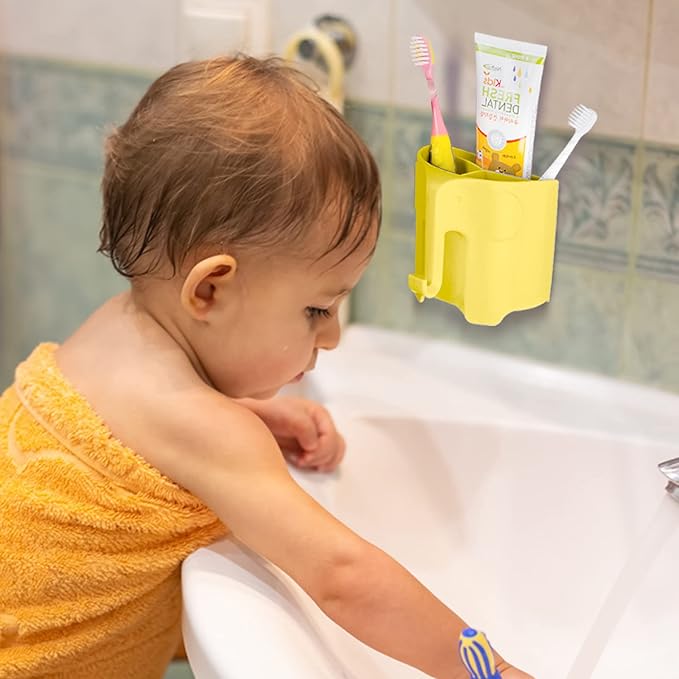 Kids Toothbrush Holder, Cute Elephant Toothbrush Holders for Toddler, Toothbrush Toothpaste Holder for Bathroom, Toothbrush Organizer with 3 Slots and a Hook, Yellow