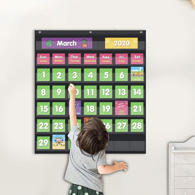 EAMAY Classroom Monthly Calendar Pocket Chart with 71 Cards for Kids Learning for Home,Homeschool Supplies and Classroom Must Haves!(Black)