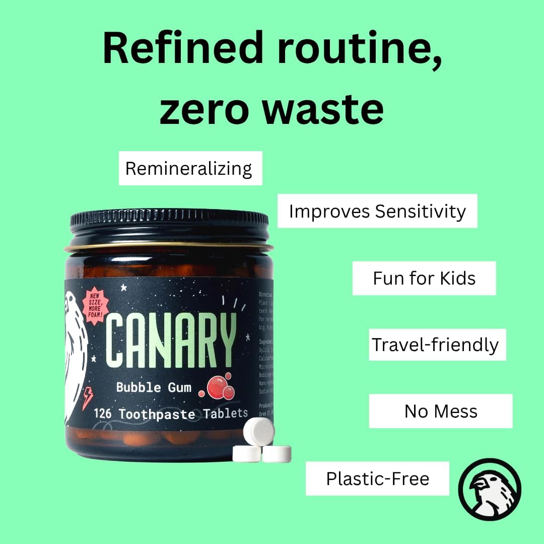 Canary Nano Hydroxyapatite Toothpaste Tablets Bubble Gum - Remineralizing, Fluoride Free, All Natural Tabs with Xylitol - Great for Kids, Plastic Free - 126 Count