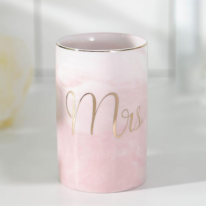 Marble ceramic mug, creative ceramic toothbrush holder, simple couple mouthwash cup. (Pink & A)