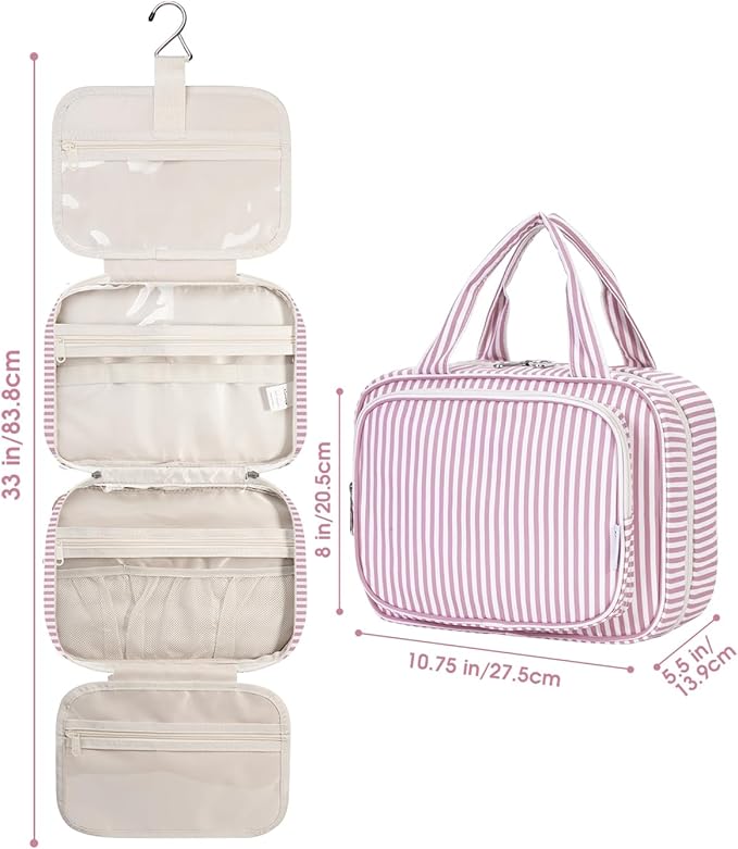 Narwey Striped Hanging Toiletry Bag for Women Travel Makeup Bag Organizer Toiletries Bag for Travel Size Essentials Accessories Cosmetics (Dusty Pink Stripe (Medium))