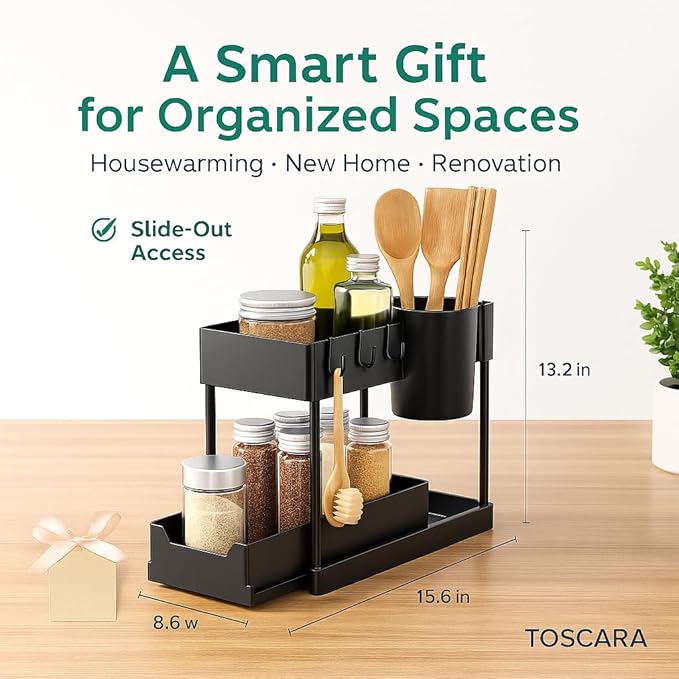 2-Tier Under Sink Organizer β Sliding Storage Rack with 4 Hooks & 1 Cup | Multi-Purpose Space Saving Shelf for Kitchen Cabinet, Countertop, Bathroom, Pantry & Office Organization, Black