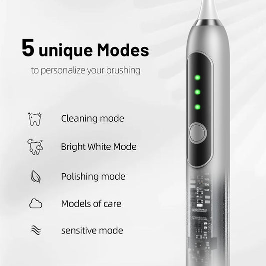 Adult Sonic Electric Toothbrush with 10 Brush Heads, Travel case, and Wall Bracket, Suitable for Both Adults and Children, IPX8 Waterproof, USB Charging, 42000VPM, Silver