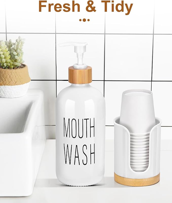 Pump Mouthwash Dispenser with Bathroom Cup Holder, Glass Mouthwash Container, Mouth Wash Bottle Decanter, Small PC 3 oz Dixie Cup Dipsenser, White, Printed Font