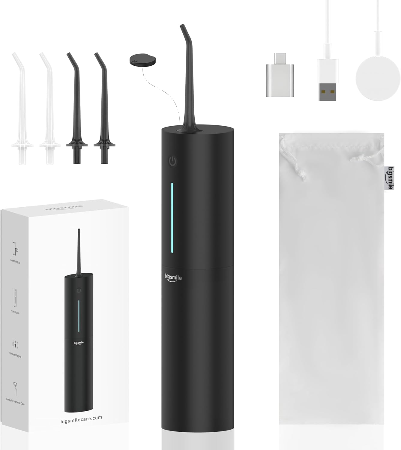 Bigsmile Black Water Flosser Cordless Portable Dental Irrigator Travel Shower Strong Pick Floss IPX7 200ML Must Have for Kids Braces Bridges (Black