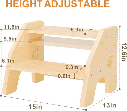 Toddler Step Stool Wooden 2 Step - Height Adjustable Bathroom Sink Helper with Non-Slip Rubber Feet and Cute Design - 300lbs Support Step Stool for Toddlers Kids Baby Use in Kitchen or Toilet