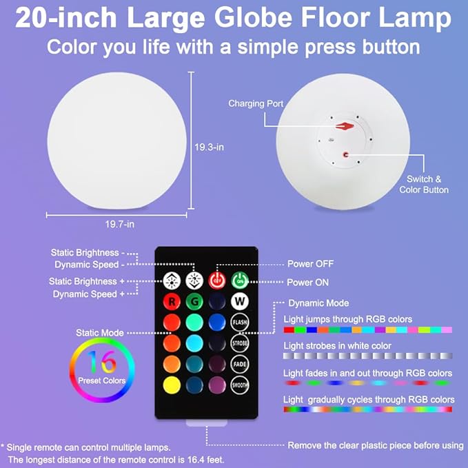 20-in LED Glowing Ball Light, Large Rechargeable LED Globe Orb Light w/Remote, Dimmable RGB Color Changing Globe Floor Lamp, Indoor/Outdoor Waterproof Mood Lamp for Home Garden Patio Lawn Party Decor