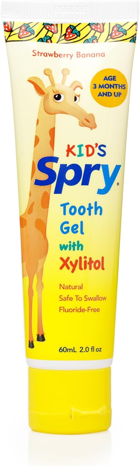 Spry Natural Xylitol Toothpaste for Baby, Toddler and Kids Age 3 Months and Up - Fluoride Free Tooth Gel, Tasty, Support Development of Emerging Teeth, Strawberry Banana 2 Fl Oz (Pack of 4)