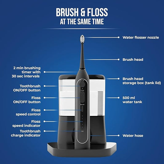 Flossing Toothbrush 2-in-1 Electric Toothbrush Water Flosser Combo – Sonic Toothbrush with 40k Vibrations & High Pressure Dental Flosser, 5 Brushing Modes, Ideal for Braces & Implants