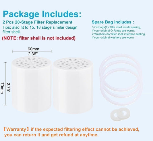2 Pc Luxau 20 Stage(Also Fit 15, 18 Stage) Shower Filter Replacement Cartridge, Shower Head Filter Refill, for Hard Water Chlorine Heavy Metal, Skin Hair, Fit Any Similar Design Shower Water Filter