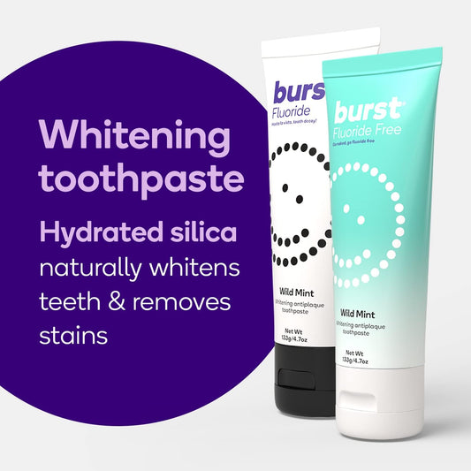 BURST Whitening Toothpaste with Cavity Fighting and Stain Removal Fluoride (4.7oz/2 Pack) | for Sensitive Teeth | with Xylitol | Vegan, Gluten & SLS Free | Wild Mint