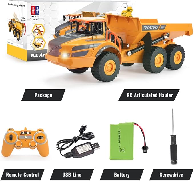 DOUBLE E Volvo RC Dump Truck Toy for Kids, Articulated Hauler, Remote Control Construction Toys Vehicles with Lights, Birthday Gifts Ideas for Boys Age 6 7 8 9 10 Year Old and up