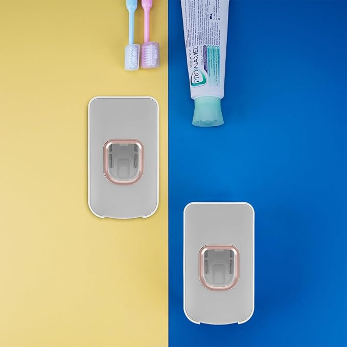 2 Slot Toothbrush Holder and Toothpaste Dispenser Wall Mounted, Automatic Toothpaste Squeezer, 2 in 1 Tooth Brush Toothpaste Organizer for Shower (Light Grey 2pack)
