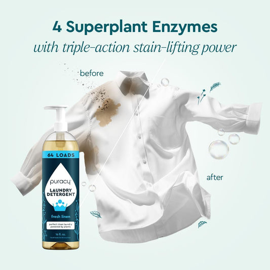 Puracy Laundry Detergent - Enzyme-Powered Liquid Laundry Detergent Concentrate, Natural Laundry Detergent Seen on TikTok, Non-Toxic (Fresh Linen, 16 fl oz, 64 Loads)