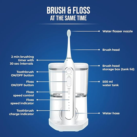 Flossing Toothbrush 2-in-1 Electric Toothbrush Water Flosser Combo – Sonic Toothbrush with 40k Vibrations & High Pressure Dental Flosser, 5 Brushing Modes, Ideal for Braces & Implants