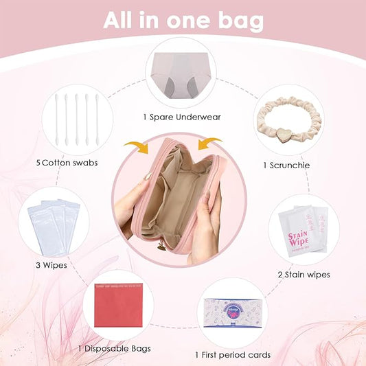 First Period Kit for Girls 9-12,Thoughtful First Period Gift,Tween Period Starter Kit with Spare Underwear, Wipes,Period Knowledge Cards and More. (Rose pink)