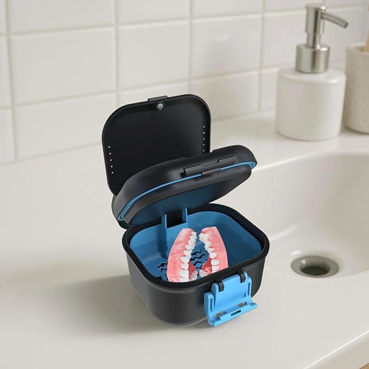 Denture Cleaning Cup with Leak-Proof Design, Double-Layer ABS Case for Soaking and Storing Dentures, Compact Travel Denture Holder with Blue Clasp, Ideal for Home and Travel Use