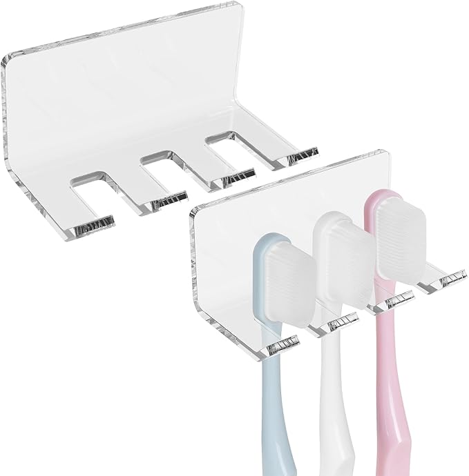 2 Pack Self Adhesive Toothbrush Holders Wall Mounted, 3 Slots Electric Toothbrush Organizer for Shower, Multipurpose Rack Hanger for Power Plug, Razor, Key(Clear)