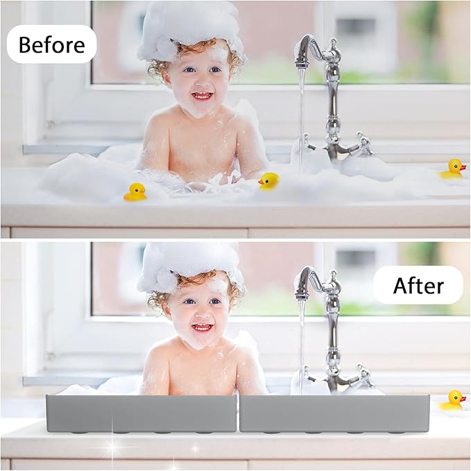 2 Pack Splash Guard for Bathtub & Sink - Silicone Kids Bath Splash Guard Shelf, Bath Toy Tray Holder, Tub Water Splash Guard with 4 Suction Cups, Bathroom Accessories for Children, Toddler Bath, Grey