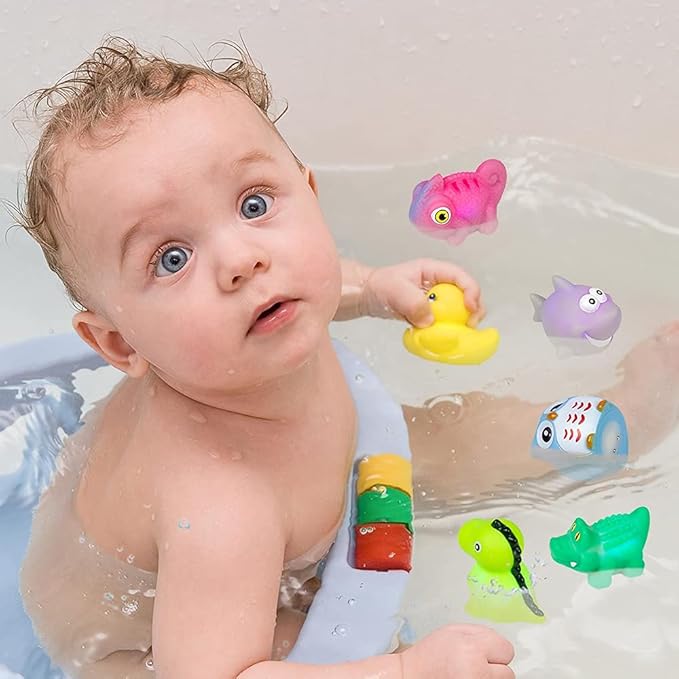 Woby Bath Toys for Toddlers 1-3,No Hole Light Up Bath Toys Baby Bathtub Toys Bathroom Floating Animal Set with Colorful Flashing LED Light for Baby (Funny Forest Animal Style)