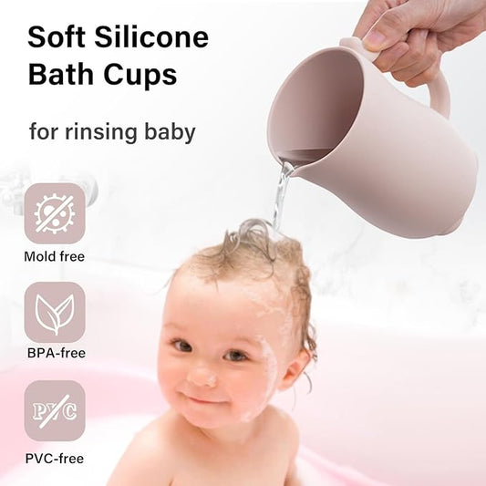 mandoo Baby Bath Rinse Cup - Food Grade Silicone - Shampoo & Body Washing Rinser Cup for Kids with Easy Grip Handle to Rinse Baby Shampoo and Soap - Baby Essentials (Beige+Brush)