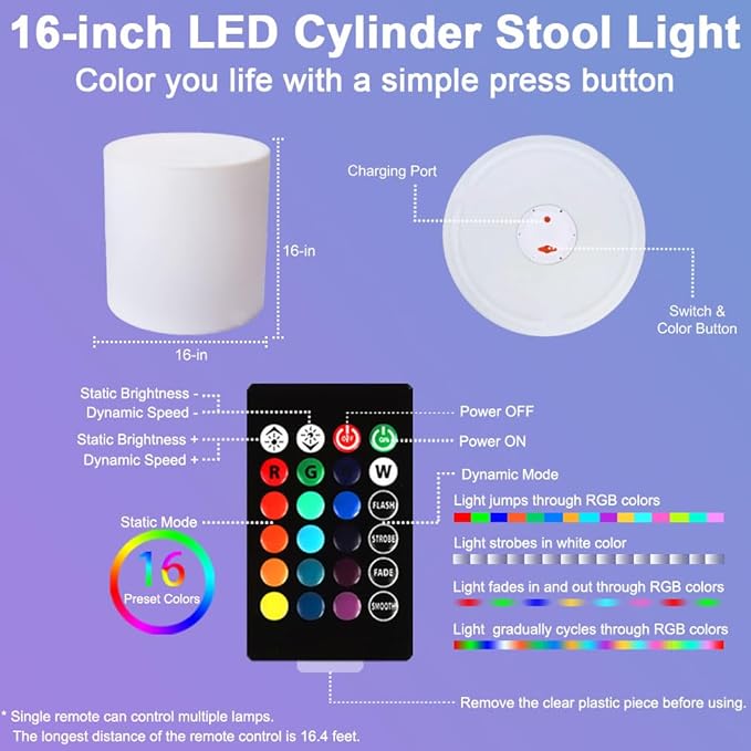 16-inch LED Cylinder Stool, Rechargeable Glowing Chair w/Remote, Dimmable 16 RGB Colors Changing Versatile LED Side Seat/Table, Waterproof Round Chair Light Mood Lamp for Home Garden Patio Party Decor